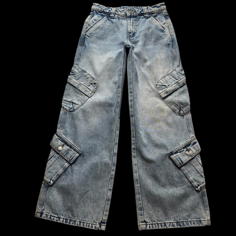 Angel Kiss Women Denim Wide Leg Baggy Y2K Cargo Pants 8 Pockets Size 0‎ #454
